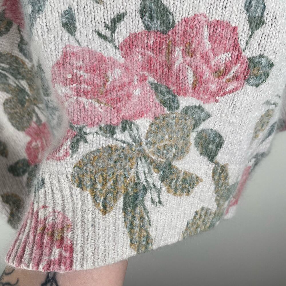 80s Vintage Sweater Womens M Floral Silk Angora Blend Fuzzy Knit Boxy Coquette - Picture 7 of 9